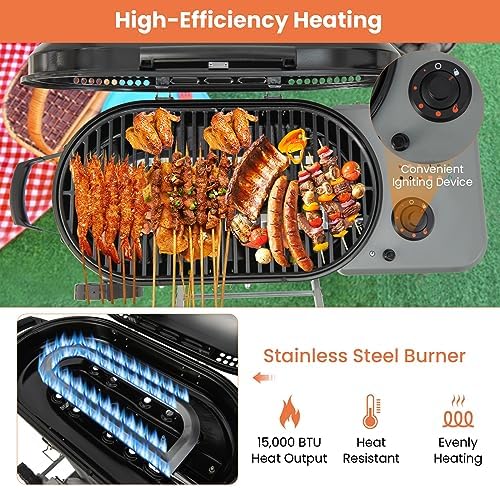 Giantex Portable Propane Gas Grill with 15,000 BTUs Burner, Side Table, 2 Wheels, Grease Tray, Metal Frame, Folding Stand-Up Propane Gas Grill for Outdoor Cooking Camping Barbecue (Black)
