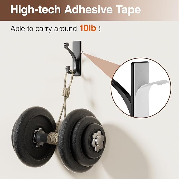 Adhesive Wall Hook for Towel/Coat - Extra Sticky 10LB Stainless, Stick on Hanger for Bath or Shower, Matt Black 4-Pack