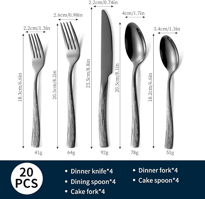 Black Hammered Silverware Set, Heavy Duty Flatware Set, 18/0 Stainless Steel