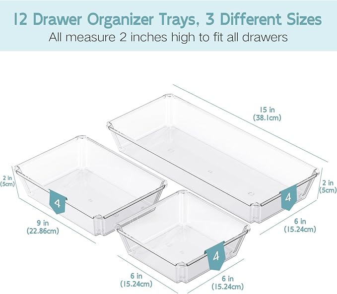 12 Pack Large Clear Plastic Drawer Organizer Trays, Desk Drawer Organizers and Storage Dividers, Non-Slip Storage Bins for Jewelry, Snacks, Office, Bathroom, Bedroom and Kitchen