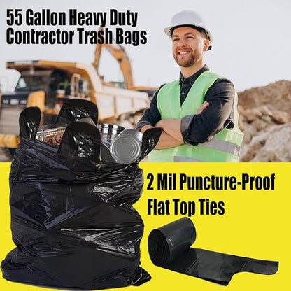 Contractor Heavy Duty Trash Bags 55 Gallon | 26 Count | 2 MIL | 36" X 56" | Large Black Flap Tie Construction Garbage Bags for Business Home Commercial, Industrial, Storage, Outdoor