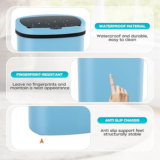 Automatic Motion Sensor Bathroom Trash Can with Lid, 13 Gallon Touchless Trash Bin, Smart Dog Proof Garbage Can, Touch Free Waste Basket for Toilet, Office, Bedroom,Blue,2