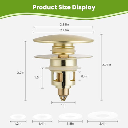 Universal Bathroom Sink Drain Strainer Hair Catcher Upgraded with Removable Stainless Steel Filter Basket, 2 in 1 Pop Up Sink Stopper for 1.1''~2.36'' Sink Basin Hole, Big Cover Cap, Brushed Gold