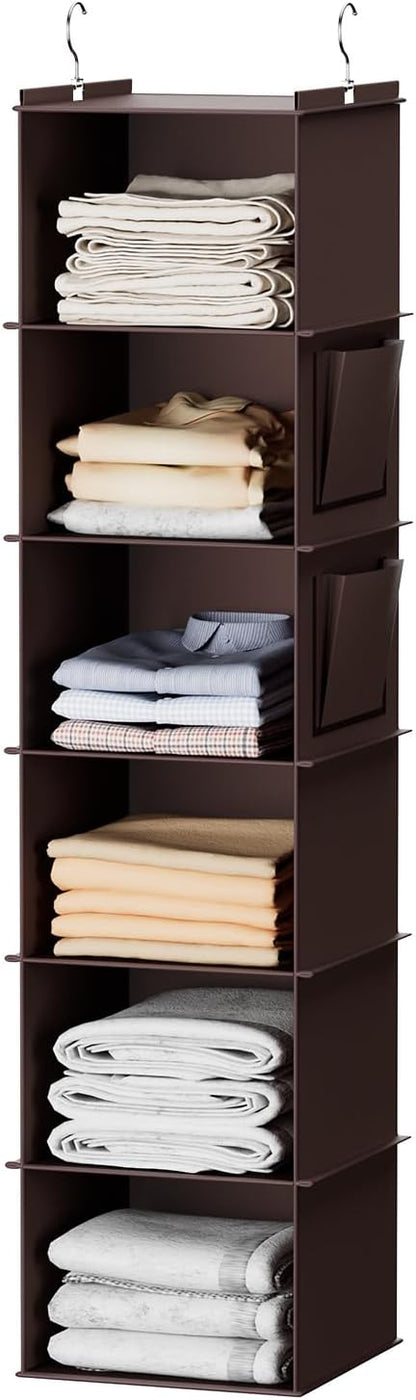YOUDENOVA Hanging Closet Organizer, 6-Shelf Closet Hanging Storage Shelves, Brown