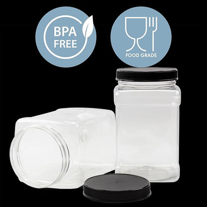 Cornucopia Brands 48oz Square Plastic Jars (3-Pack); Clear Rectangular 6-Cup Canisters w/Black Lids, Easy-Grip Side