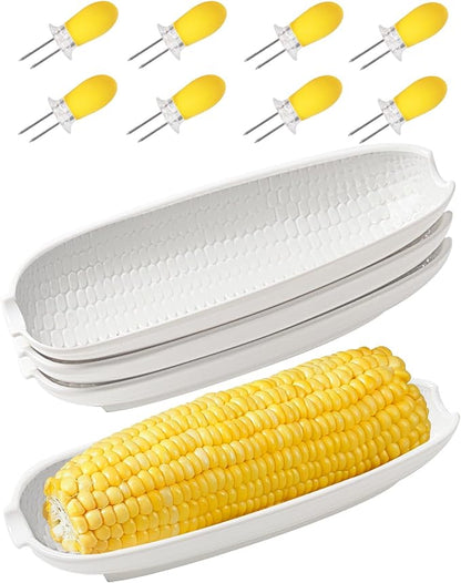 Ceramic Corn Cob Holders, 9" Corn on the Cob Dishes Set of 4, White Corn Cob Dishes with Non-Slip Bottom, With 8 Corn Cob Holders, Microwave Dishwasher Oven Safe