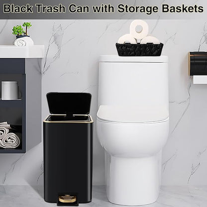 Small Bathroom Trash Can with Lid Soft Close, 1.8 Gallon Stainless Steel Garbage Can with Removable Inner Bucket,Wicker Storage Baskets,75Count Trash Bags, Slim Step Pedal Trash Bins