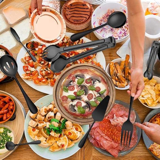 12 PCS Stainless Steel Serving Utensils - Large and Slotted Spoons, Forks, Tongs Bundle, Perfect for Buffet Catering and Parties, Black