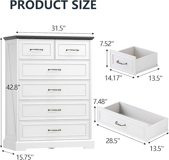 6 Drawer Dresser for Bedroom, 43" Tall Wooden Chest of Drawers, Rustic Farmhouse Dresser with Large Drawers & Metal Handles, Modern Storage Organizer for Closet, Living Room, Hallway, White