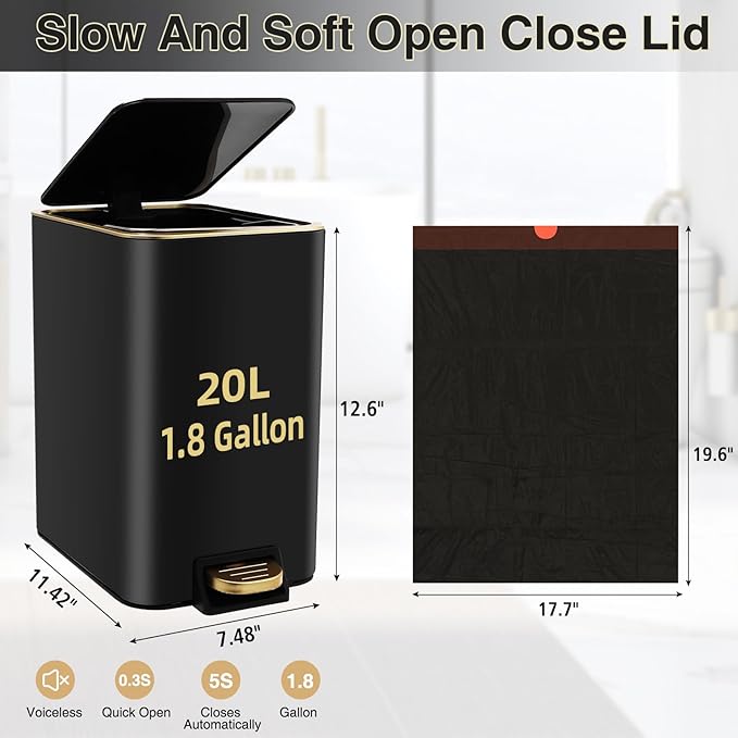 Small Bathroom Trash Can with Lid Soft Close, 1.8 Gallon Stainless Steel Garbage Can with Removable Inner Bucket,80Count Compostable Trash Bags, Slim Step Pedal Trash Bins