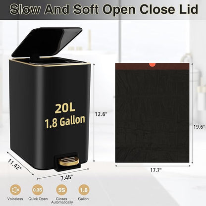 Small Bathroom Trash Can with Lid Soft Close, 1.8 Gallon Stainless Steel Garbage Can with Removable Inner Bucket,80Count Compostable Trash Bags, Slim Step Pedal Trash Bins