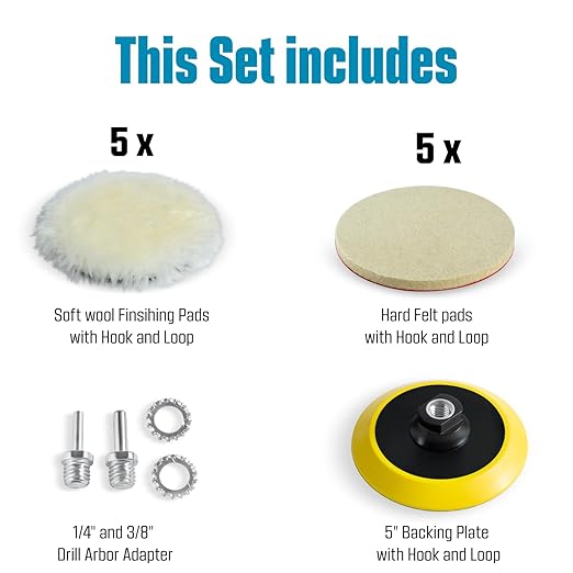 LINE10 Tools 5-Inch Wool Polishing Kit for Drill or Angle Grinder or Orbital, Includes 5 Hard Felt, 5 Soft Wool Buffing Pads with Hook and Loop, Drill Adapter Attachment, Small Car Buffer Auto Glass