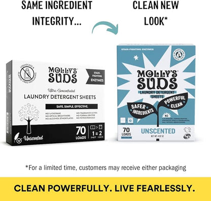 Molly’s Suds Laundry Detergent Sheets | Gentle on Sensitive Skin, Powerful Bio-Based Enzymes, Stain-Fighting | Liquidless & Plastic-Free Packaging | 70 Loads (Unscented)