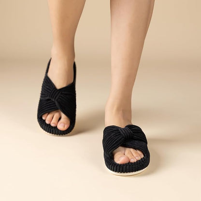 Chantomoo Slippers for Women Memory Foam House Bedroom Corduroy Bow Crossbands Slide Slipper Shoes Comfy Trendy Gift Slippers