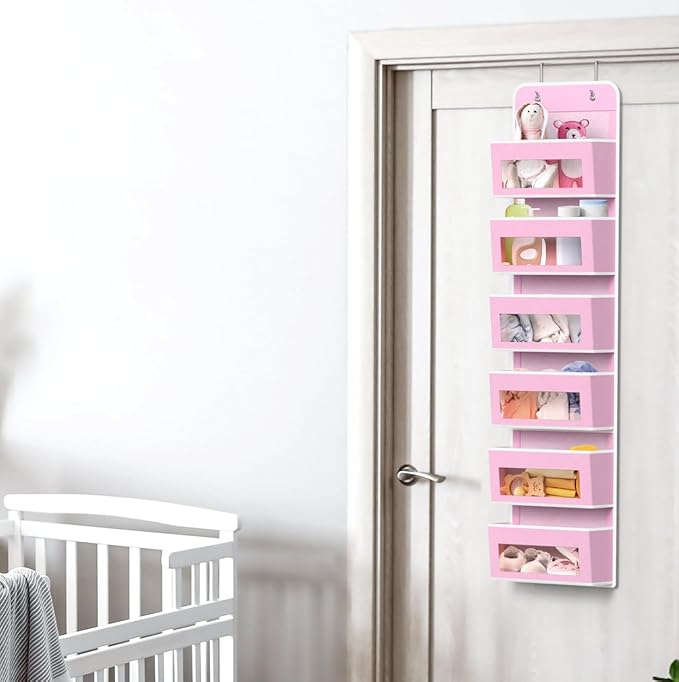 Simple Houseware 6 Clear Window Pocket Over Closet Door Storage Hanging Organizer for Bedroom, Bathroom, Pantry, Pink