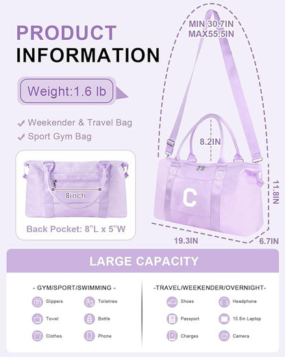 Daughter Niece Gifts for Teen Girl Kids, Initial Travel Duffel Bag Sports Gym Bag Personalized Gifts Weekender Bag，Monogram Overnight Bag Cute Dance Bag Birthday Bridesmaid Gifts for Women(Purple, C)