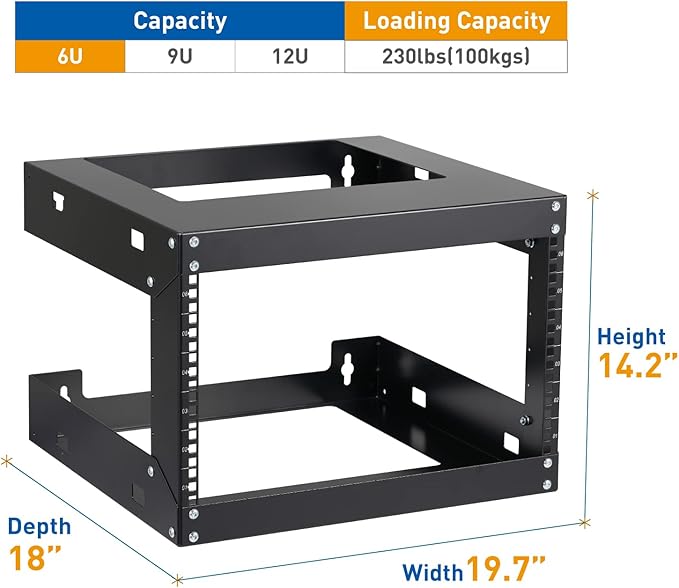 6U Wall Mount Rack Open Frame 19 Inch Server Equipment Network Cabinet 18 inches Depth Black by Tedgetal