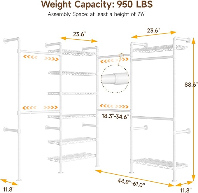 ONBRILL L4 Wall Mounted Industrial Pipe Clothing Rack, Closet Organizer System with 6 Hanging Clothes Rods ( 4 Expandable Rods) & 8 Shelves, Heavy Duty Corner Garment Rack, Large Wardrobe - White