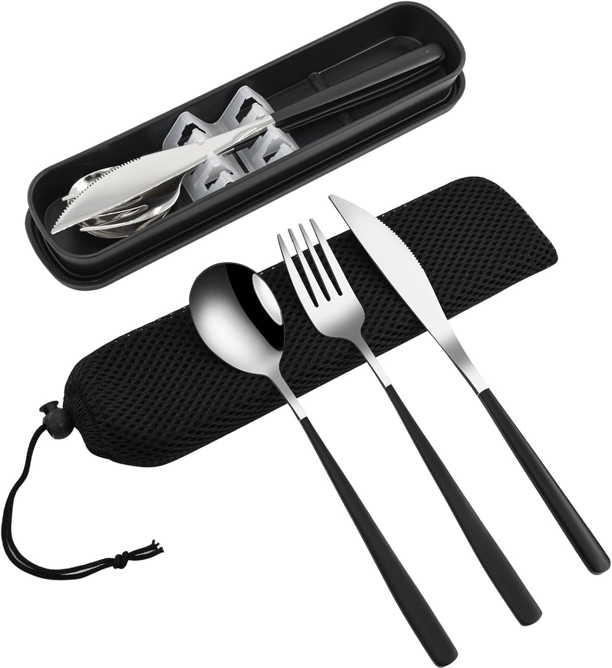 VANRA 3-Piece Portable Travel Utensils Set with Case 18/8 Stainless Steel Flatware Set Reusable Cutlery Set with Fork Spoon Knife for Lunch Travel Camping School Work Picnic (Black)