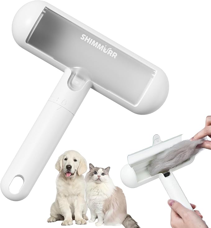 Reusable Pet Hair Remover - Lint Roller for Dog & Cat Fur - for Furniture, Carpet, Clothing - Detachable Handle (White)