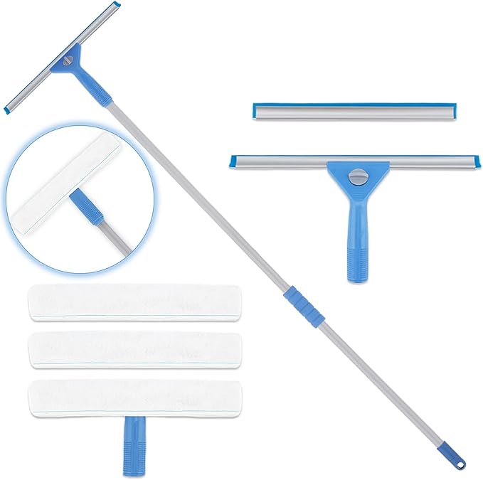 Window Squeegee Washing Kit for High Window, Shower Glass Door, Mirror Cleaning, with 69-inch Extension Pole, Extra 14'' Wide Squeegee and 2 Microfiber Scrubbers Included