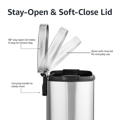 Amazon Basics Smudge Resistant Mini Rectangular Trash Can With Soft-Close Foot Pedal, Brushed Stainless Steel, for Bathroom & small space, 5 L /1.32 Gal, Satin Nickel Finish, 7.3x8.5 x11.8 in (LxWxH)