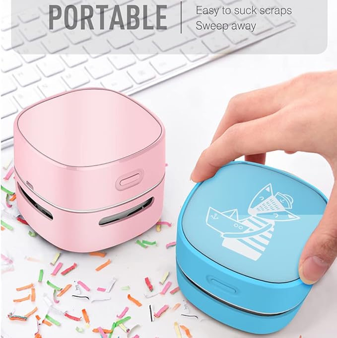 ODISTAR Desktop Vacuum Cleaner, Mini Table dust Sweeper Energy Saving,High Endurance up to 400 mins,360º Rotatable Design for Keyboard/Home/School/Office (Pink Charging)
