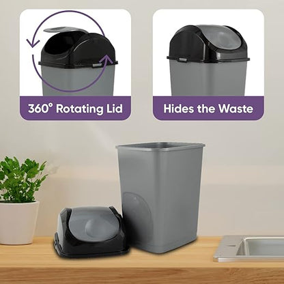 Superio Mini Plastic Trash Can with Swing Top Lid 1.25 Gallon Compact Small Waste Bin Portable Garbage Can for Countertop, Desktop, Make up Vanity, Bathroom, Car, Under Sink, Dorm 5 Qt. (Grey/Black