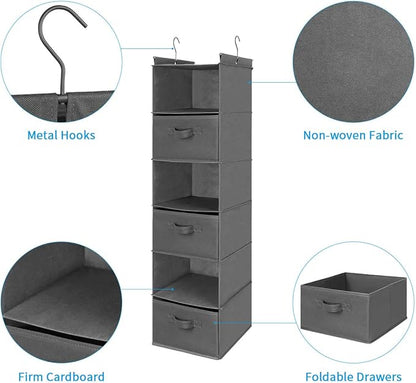 MAX Houser 6 Tier Shelf Hanging Closet Organizer, Closet Hanging Shelf with 2 Sturdy Hooks for Storage, Foldable (Grey-D3)