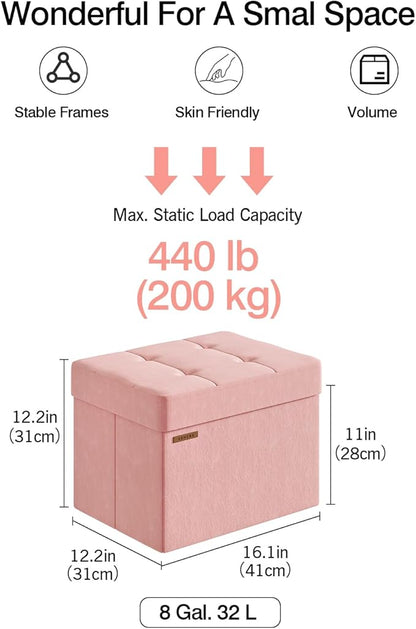 Folding Storage Ottoman, Velvet Storage Bench, Footrest, Foot Stool,for Living Room, Bedroom and Office,12.2 x 16.1 x 12.2 Inches, 200 kg Load Capacity,Jelly Pink,UASND03P