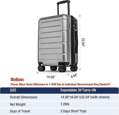 KYME Hardside Expandable Carry On Luggage 22x14x9 Airline Approved 20 Inch Hardshell Carry On Suitcase with Wheels TSA Lock Small Travel Rolling Luggage with Cup Holder for Women Men Silver