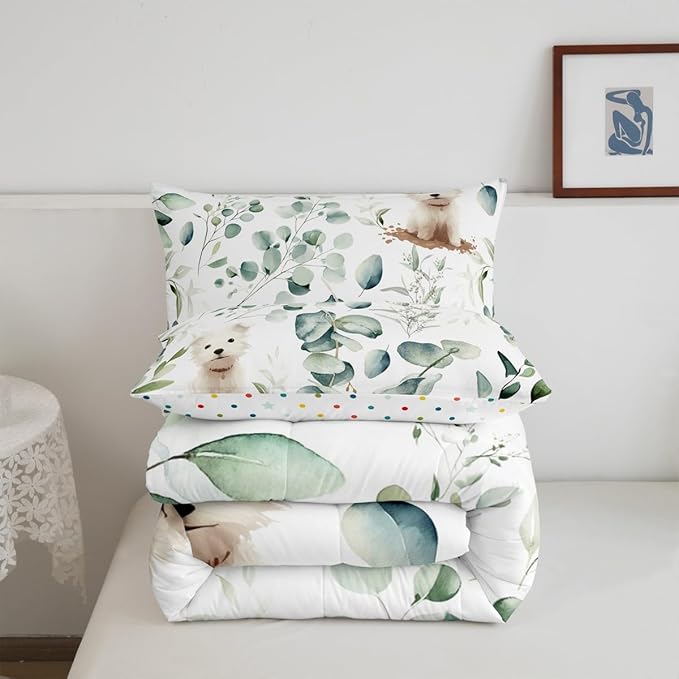 Erosebridal Cute Dog King Comforter Set for Kids Child Green Eucalyptus Bedding Set King, Pet Animal Bedding Comforter Sets Botanical Plant Leaves Duvet Set, Cartoon Pug Puppy Quilted Comforter