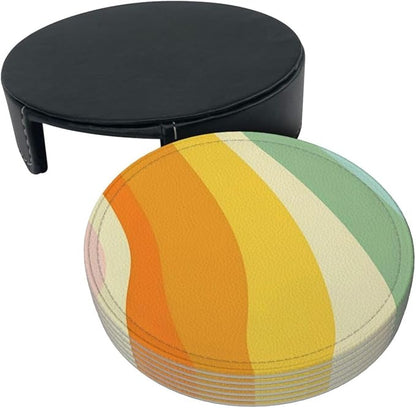 6 Pcs Groovy Retro 70s Style Cute Abstract Leather Coasters