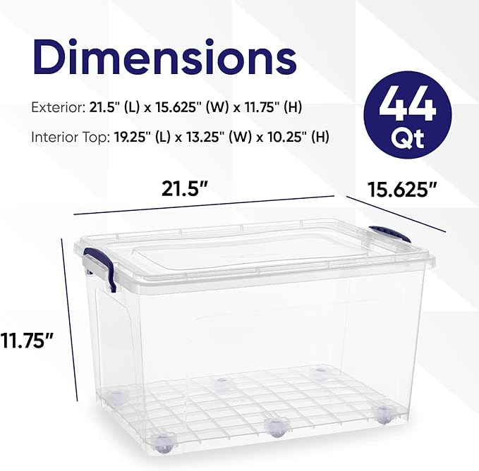 Superio Storage Bins with Lids, Clear Plastic Containers for Organizing, Stackable Totes, BPA Free, Odor Free, Organizer Boxes for Home, and Dorm (4 Pack, 44 Quart)