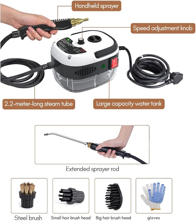 Decdeal Steam Cleaner - 2500W High Temperature Pressurized Handheld Steam Cleaning Machine with Brush Heads and Gloves, for Car Floors Kitchen Furniture Bathroom Windows