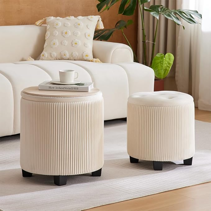 Big Round Ottoman with Storage Set of 2,Upholstered Velvet Vanity Stool for Makeup Multifunctional Foot Rest Coffee Table Padded Seat Tufted Ottomans for Living Room&Bedroom（White）