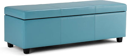 SIMPLIHOME Avalon 48 inch Wide Contemporary Rectangle Storage Ottoman Bench in Soft Blue Vegan Faux Leather, Assembled, For the Living Room, Entryway and Family Room