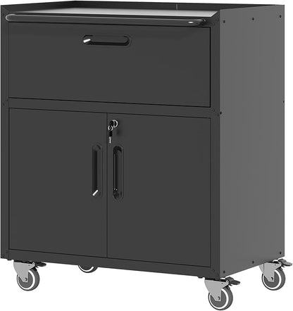 Metal Storage Cabinet with Wheels, Lockable Garage Cabinet with 2 Doors and 1 Drawer, Rolling Tool Storage, Assembly Required, Black