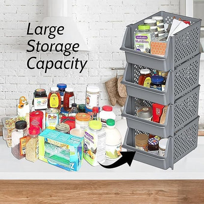 Skywin Plastic Stackable Storage Bins for Pantry - 12 Pack Stackable Bins For Organizing Food, Kitchen, and Bathroom Essentials (Light Grey)
