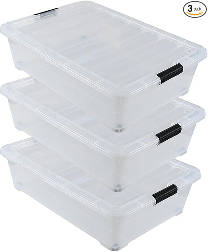 50 Quart Clear Plastic Under Bed Storage Bin with Lid, Underbed Storage Container with Wheels, 3-Pack
