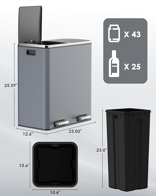 AthLike 60L(16 Gal ) Dual Trash Can, Stainless Steel Kitchen Garbage Can, Double Compartment Classified Rubbish Bin, Recycle Dustbin w/Plastic Inner Buckets, Handle, Soft-Close Lid, Airtight, Grey