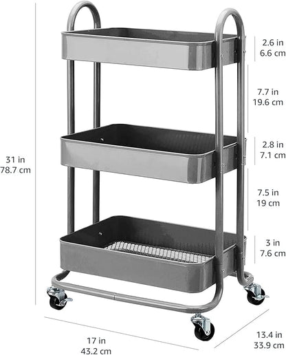 Amazon Basics 3-Tier Rolling Utility or Kitchen Cart, Lockable Wheels, Multifunctional Storage, Charcoal