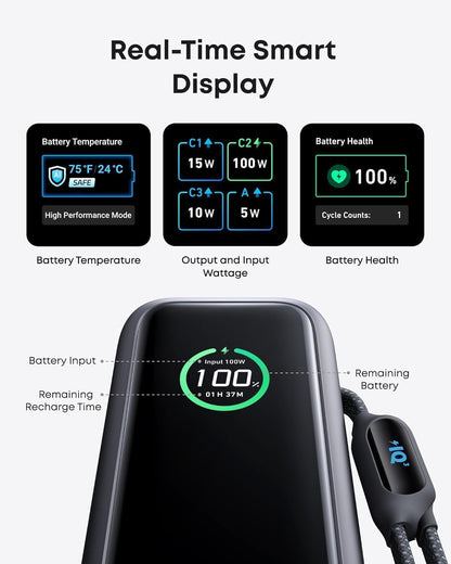 Anker Laptop Power Bank, 25,000mAh Portable Charger with Triple 100W USB-C Ports, Built-in and Retractable Cables, for iPhone 16/15 Series, MacBook, Samsung, and More (Flight-Approved)