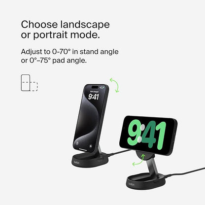 Belkin Convertible Magnetic Charging Stand 15W - MagSafe-Compatible Qi2-Certified Wireless Charging Station, iPhone Charger for Apple iPhone 16 Series, Airpods Pro, & More, No PSU - Black (2-Pack)