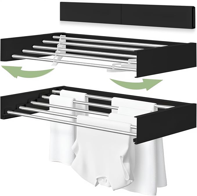 Wall Mounted Clothes Drying Rack, 5 Aluminum Rods, Collapsible, White, 32 inches (Black, 32'')