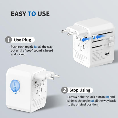 EPICKA Universal Travel Adapter, International Power Adapter with 2 USB-A & 3 USB-C Ports Wall Charger - Worldwide Travel Essentials, European Travel Plug Adapter for UK/US/AU (TA-105C, White)