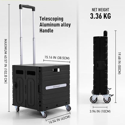 Folding Utility Cart Black Portable Rolling Crate Handcart Foldable Shopping Trolley Collapsible, with Lid, on Wheels, for Grocery, Garden, Office, Storage, Teacher, Tool (Black)