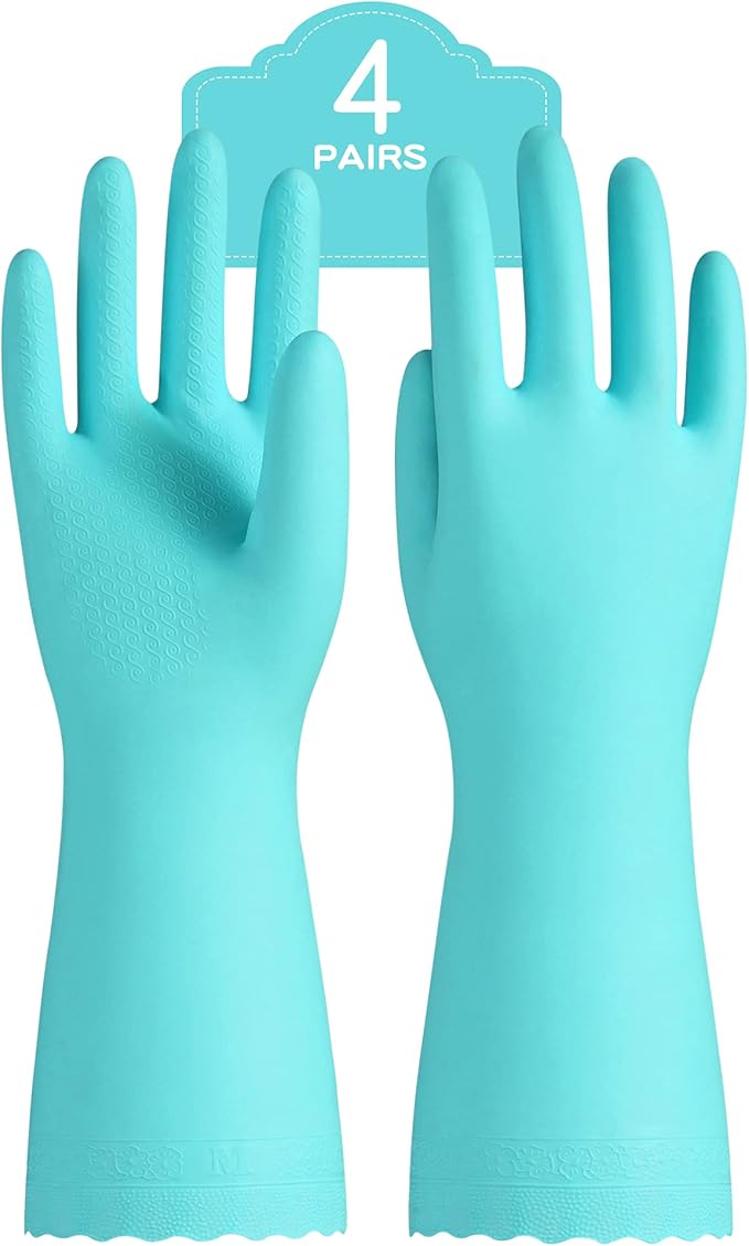 PACIFIC PPE 4 Pairs Reusable Dishwashing Cleaning Gloves with Latex Free, Cotton Lining, Kitchen Gloves, Green, Large
