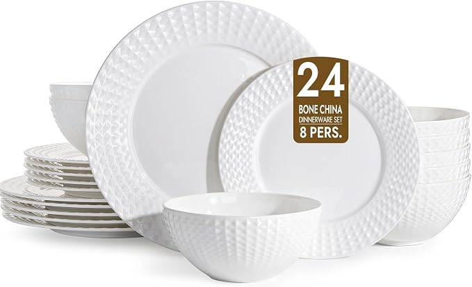24Pc Rhombus Edge White Bone China Set, Service