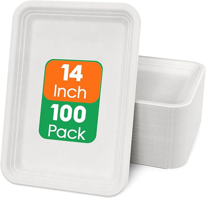 ECOLipak 100 Pack 14 Inch Disposable Food Crawfish Trays, Compostable Large Paper Plates, Disposable Thanksgiving Trays for Serving Food, Turkey, BBQ, Seafood Boil Party Supplies(White)